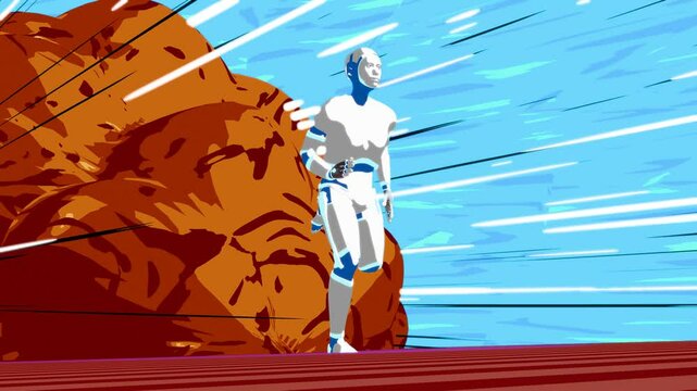 The looping animation of a humanoid robot running created by 3D modeling cartoon style shader effects.