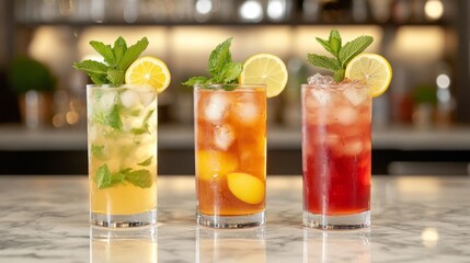 Fototapeta premium Three glasses of iced tea in different flavors-lemon, peach, and hibiscus-arranged on a marble counter. 