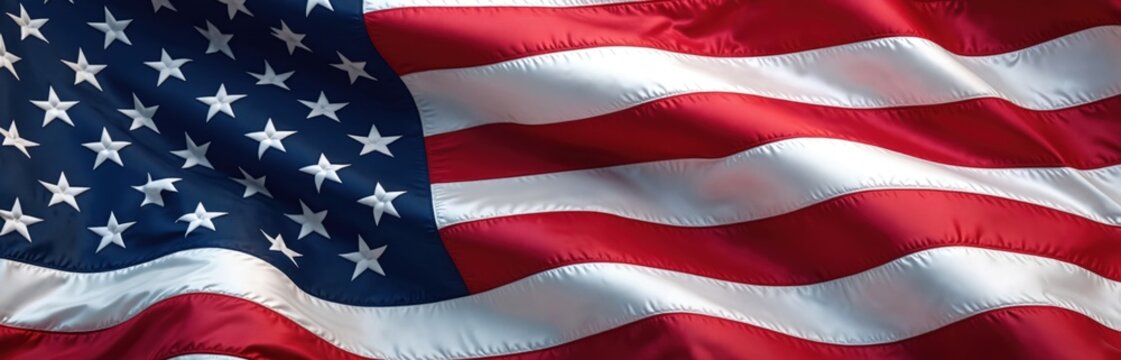 Closeup patriotic image of USA national banner waving. American flag with stars and stripes flutters in wind. Symbol of freedom, independence day and democracy. US pride and patriotism.