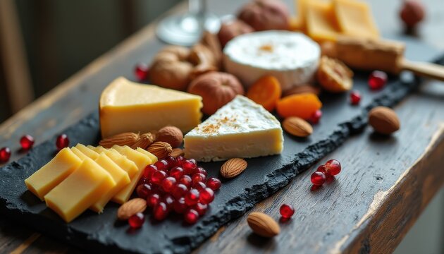 Luxurious cheese platter featuring assorted cheeses and fruits enjoyed in a cozy setting during evening hours