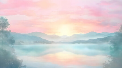 Peaceful sunrise over misty lake, mountain range background, idyllic landscape for travel brochures