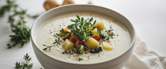 Creamy potato soup with fresh herbs and vegetables.
