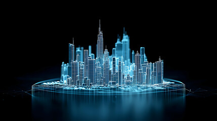 Abstract Blue Cityscape Illuminated Against Black Background