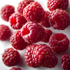 Fresh ripe raspberries falling on white background
