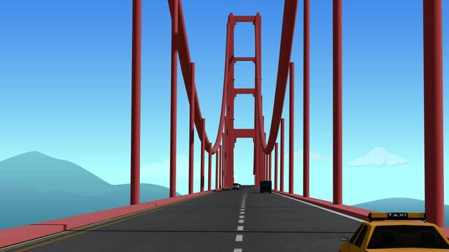 Vehicle running on the bridge, 3d animation