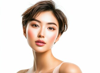 Obraz premium Woman sports a stylish Pixie Cut, also known as Short Bob with Bangs or Layered Crop. The short layers and soft bangs enhance her youthful elegance. It is timeless, low maintenance look.