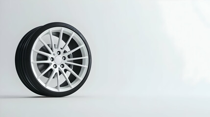 Isolated Car Wheel with White Rim and Black Tire Against a White Background