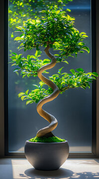 a large potted bonsai tree in the corner of an office window.