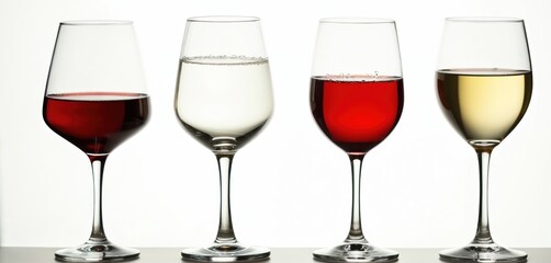 Four wine glasses in row with different wine. Red, rose, white wines assortment on white background. Celebration, party, wine degustation concept. Restaurant bar, winery concept. Alcohol drink