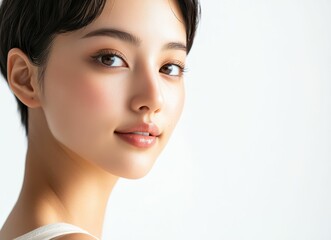 Obraz premium Woman sports a stylish Pixie Cut, also known as Short Bob with Bangs or Layered Crop. The short layers and soft bangs enhance her youthful elegance. It is timeless, low maintenance look.