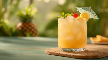 Fototapeta premium Golden Pineapple Cocktail on Wooden Board