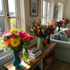 A beautifully decorated room filled with fresh flowers, creating a serene and fragrant atmosphere.