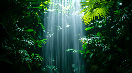Lush Green Jungle with a Waterfall and Sunlight Streaming Through