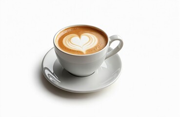 Isolated cutout of cappuccino cup with heart shape latte art. Hot milk beverage in white mug on saucer for breakfast. Caffeine drink for cafes, transparent background.