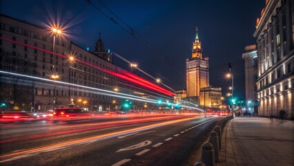 Fototapeta premium Warsaw Palace of Culture and Science Night Lightscape, Long Exposure Photography, Cityscape, Poland, Night Photography, Urban, Light Trails Warsaw