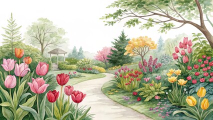 Watercolor Garden Path Tulips, Gazebo, Spring Landscape, Watercolor Painting, Botanical Illustration, Spring Garden Spring Garden, Botanical Art