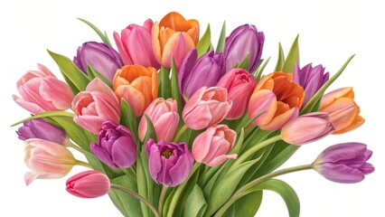Obraz premium Vibrant Tulip Bouquet Close-Up Composition of Pink, Purple and Orange Tulips, Spring Flowers, Floral Photography, Tulip Arrangement Spring Flowers, Floral Photography