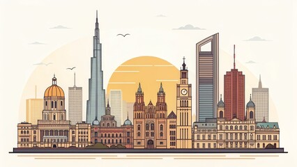 Obraz premium Sunset Cityscape Line Art Composition, Global Architecture, Urban Skyline, Illustration, City Icons Cityscape, Architecture