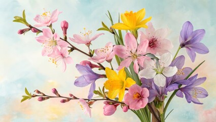 Spring Floral Bouquet Peach Blossoms, Daffodils and Irises, pastel background, close-up composition, spring flowers Spring, Flowers