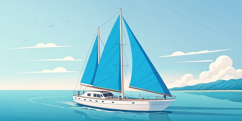 Obraz premium Sailing Yacht at Sea Low-poly, Blue Sails, Ocean Landscape, Summer, 3D Render. Sailing, Yacht
