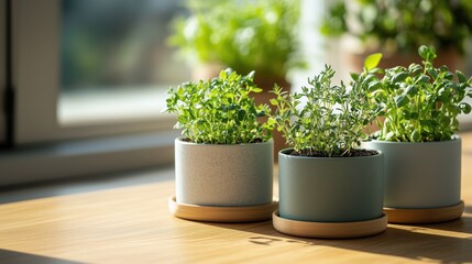 Fresh herbs in decorative pots on wooden table with sunlight