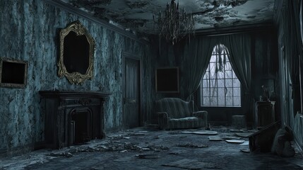 Fototapeta premium Decaying room depicts an abandoned house with antique furniture and fixtures