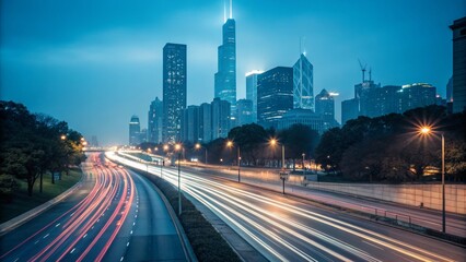 Fototapeta premium Night Cityscape Long Exposure Highway, Skyscrapers, Urban Lights, Chicago, Illinois. Cityscapes, Night Photography
