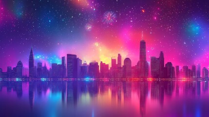 Fototapeta premium The breathtaking sight of a colorful fireworks display lighting up the night sky over a vibrant city skyline, with the reflections shimmering on the calm river below