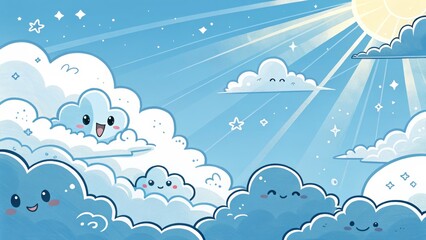 Happy Cloudscape Digital Painting of Cute Cartoon Clouds, Sun and Stars, Kawaii, Sky Kawaii, Illustration