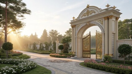 Obraz premium Golden Gate Entrance Architectural Visualization, Sunrise Landscape, 3D Render, Palace Design, Estate Gate Palace Gate, Architectural Visualization
