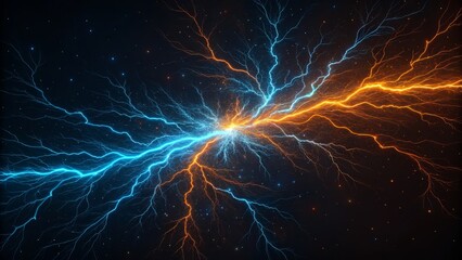 Clashing Cosmic Energies Blue and Orange Lightning Collision, Abstract Art, Energy, Power, Plasma Cosmic, Electricity