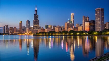 Obraz premium Chicago Skyline Reflection Twilight Cityscape Photography, Chicago, Illinois, USA, cityscape, night photography Chicago, Illinois