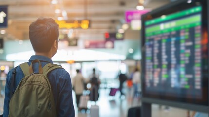 Man standing at airport terminal, gazing at large digital screen showing immigration policies, amidst bustling crowd and luggage, highlighting importance of travel regulations and border control infor