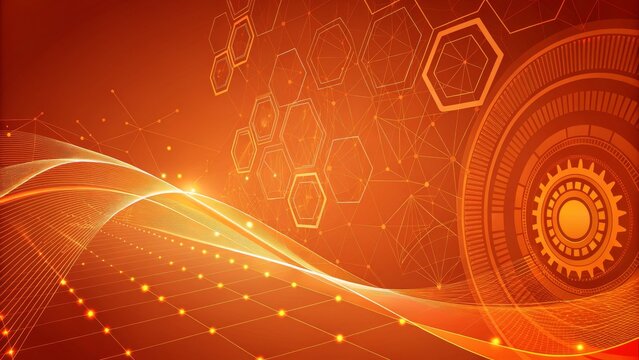 Abstract Orange Tech Wave Composition Hexagons, Network, Gear, Digital, Technology Abstract Background, Digital Art