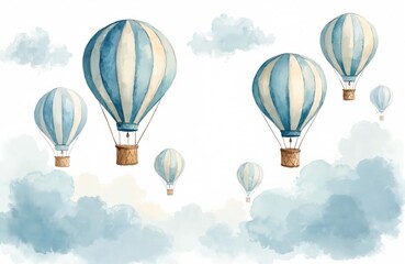 Naklejka premium Watercolor illustration featuring hot air balloons floating in the sky among clouds. Retro airships with stripes for baby prints, children posters, home decor, kids invitations design. Sky travel.