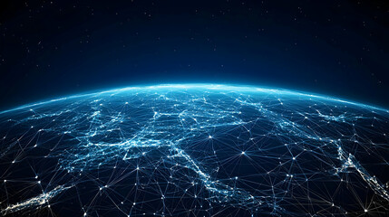Abstract Blue Digital Planet Illuminated With Network Connections In Dark Space