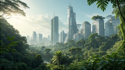Futuristic Cityscape Emerging from Lush Jungle Digital Art, Cyberpunk, Eco-City, Greenery Cyberpunk, Eco-Architecture