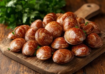 Clams, freshly harvested, are arranged on a wooden surface, ready for cooking and creating seafood dishes in the kitchen