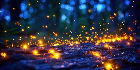 Naklejka premium Glowing Magic: Enchanting Fireflies Illuminate the Serene Night Scene in a Mesmerizing Display 