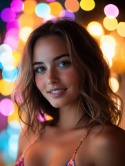 Fototapeta premium A vibrant close up of a beautiful woman smiling, featuring her lively expression against a dreamy multicolored bokeh background.