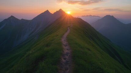 Obraz premium A magnificent mountain landscape with a winding path, illuminated by the warm sunset, and adorned with a pair of shining footprints, emblematic of pain and persistence