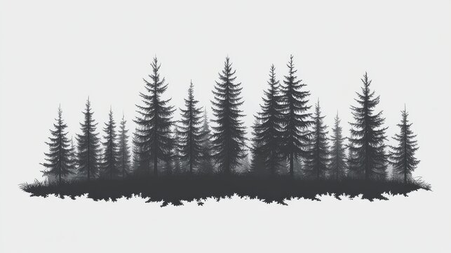 Against a pure white backdrop, a forest of stylized black pine trees stands out, with intricate branches and towering trunks creating a serene, monochromatic scene
