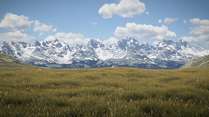 Snowcapped Mountains and a Field of Grass under a Bright Blue Sky