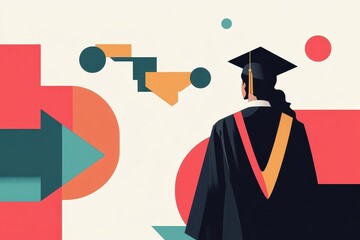 A graduate in cap and gown looks towards abstract shapes