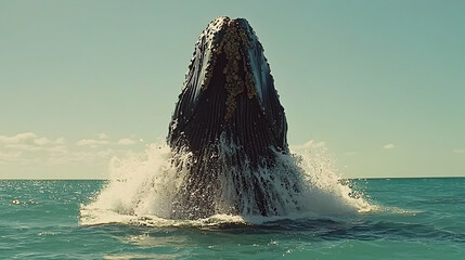 Humpback whale breaching ocean surface, sunny day, clear sky, marine wildlife conservation