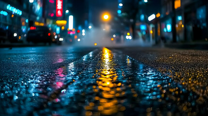 Wet City Street At Night With Reflections Of Bright Lights And Vehicle Lights On Pavement Surface
