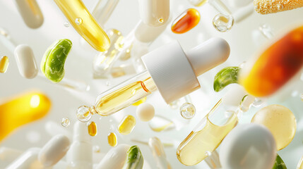 Floating Capsules and Dropper Bottles Health Supplements and Beauty Products Concept
