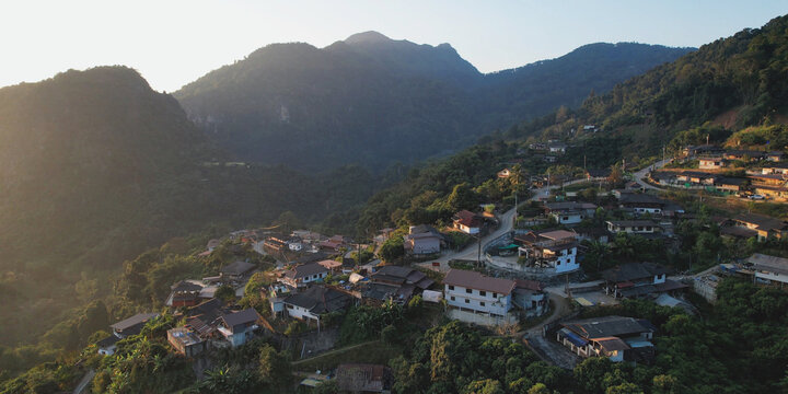 Aerial view from drone of the rural village in the mountains