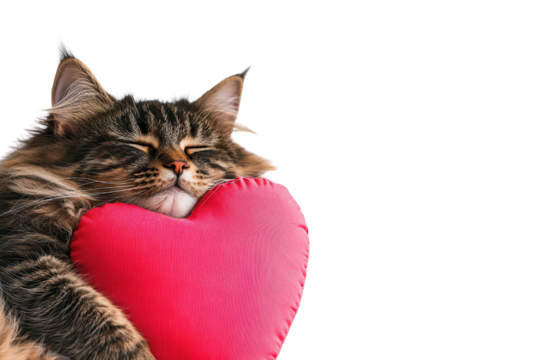 fluffy cat peacefully cuddles red heart shaped pillow, expressing warmth