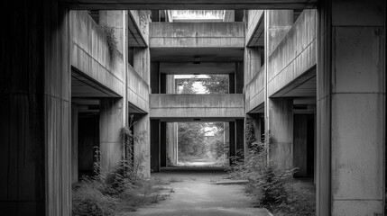 decayed brutalist concrete labyrinthine hotel